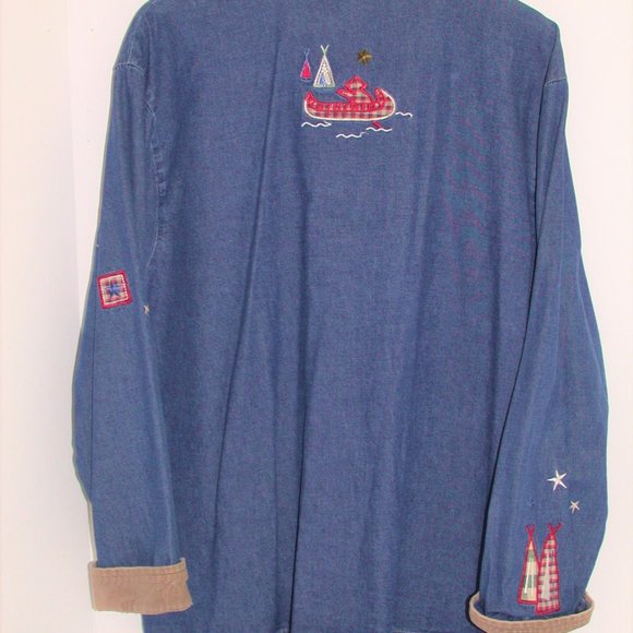 Teddi Denim Embroidered & Appliqued Button Front Jacket Corduroy Trim ~ Size XL - Picture 2 of 3